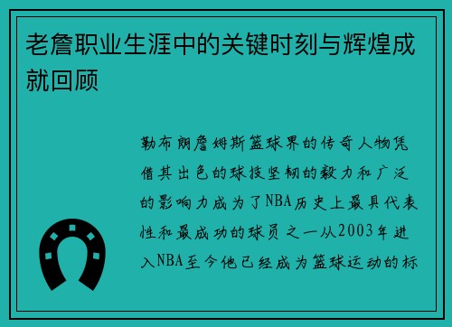 老詹职业生涯中的关键时刻与辉煌成就回顾